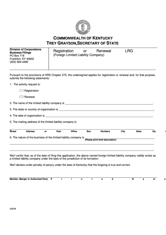 Fillable Form Lrg - Registration Or Renewal (Foreign Limited Liability Company) - 2009 Printable pdf