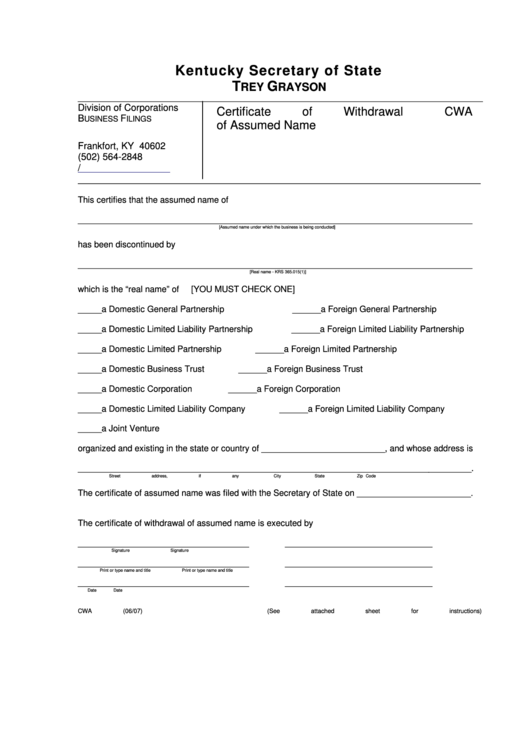 Fillable Form Cwa - Certificate Of Withdrawal Of Assumed Name - 2007 Printable pdf
