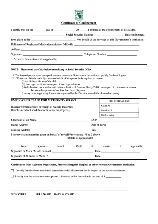 Confinement Certificate/maternity Grant Application Form Printable pdf