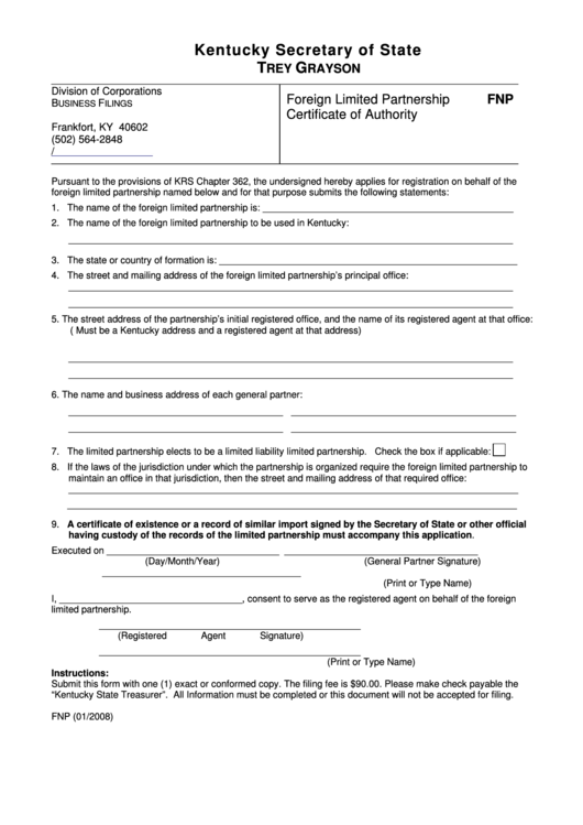 Fillable Form Fnp - Foreign Limited Partnership Certificate Of Authority - Kentucky Secretary Of State Printable pdf