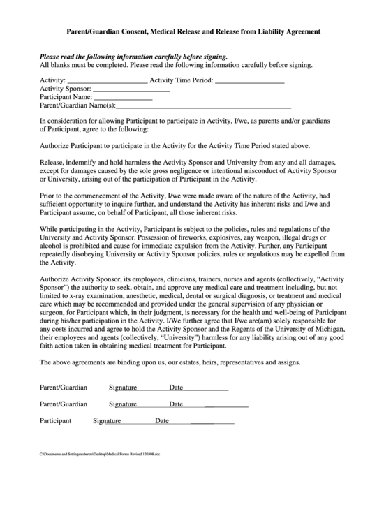 Parent/guardian Consent-Medical Release And Release From Liability Agreement Form Printable pdf