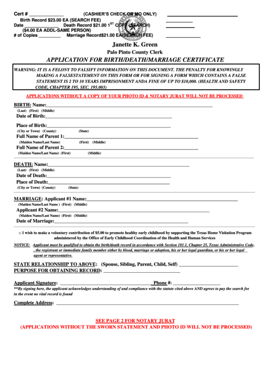 Application For Birth/death/marriage Certificate Form Printable pdf