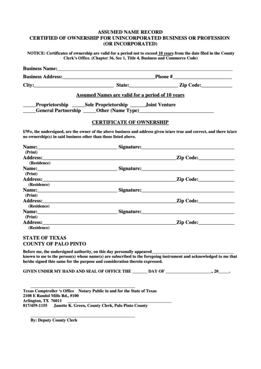 Assumed Name Record Certified Of Ownership For Unincorporated Business Or Profession (Or Incorporated) Form - State Of Texas County Of Palo Pinto Printable pdf