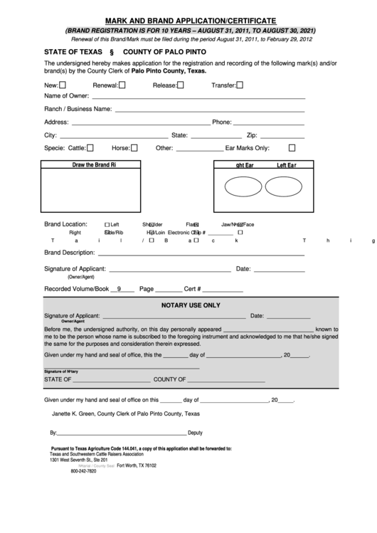 Mark And Brand Application/certificate Form - County Of Palo Pinto, Texas Printable pdf