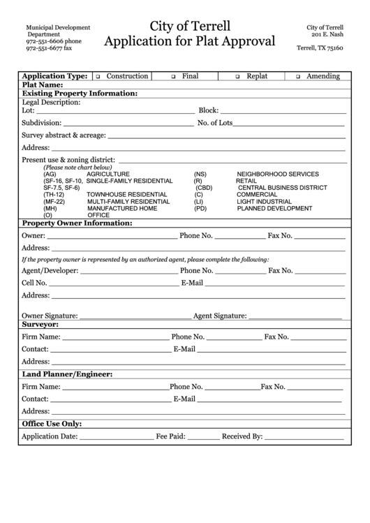 Application For Plat Approval Form - City Of Terrell, Texas 2004 Printable pdf