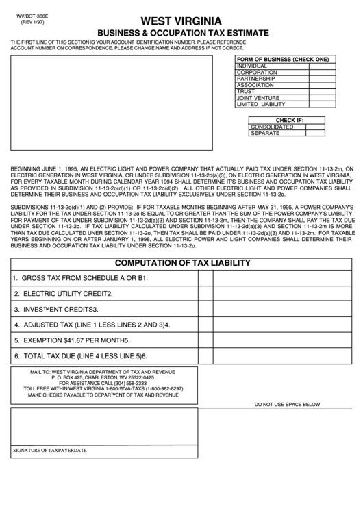 Fillable Form Wv/bot-300e - Business & Occupation Tax Estimate - West Virginia Printable pdf