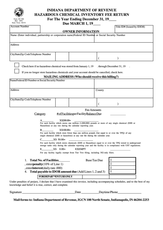 Fillable Form Hc-500 - Hazardous Chemical Inventory Fee Return Printable pdf