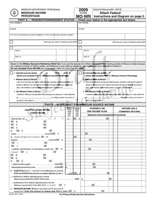 Form Mo-Nri Draft - Missouri Income Percentage - 2009 Printable pdf
