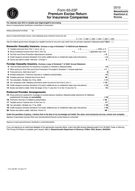 Form 63-23p Draft - Premium Excise Return For Insurance Companies - 2010 Printable pdf