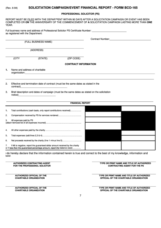 Form Bco-165 - Solicitation Campaign/event Financial Report, Professional Solicitor (Ps) 1994 Printable pdf