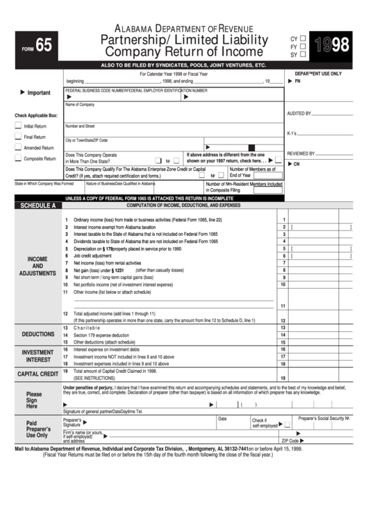 Fillable Form 65 - Partnership/limited Liability Company Return Of Income - 1998 Printable pdf