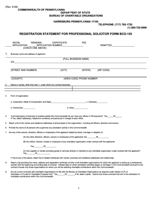 Fillable Form Bco-155 - Registration Statement For Professional Solicitor - 1994 Printable pdf