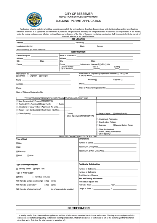 Fillable Building Permit Application - City Of Bessemer Inspection Services Department Printable pdf