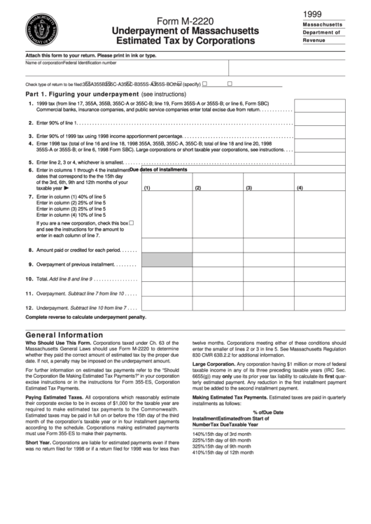 Form M-2220 - Underpayment Of Massachusetts Estimated Tax By Corporations - 1999 Printable pdf