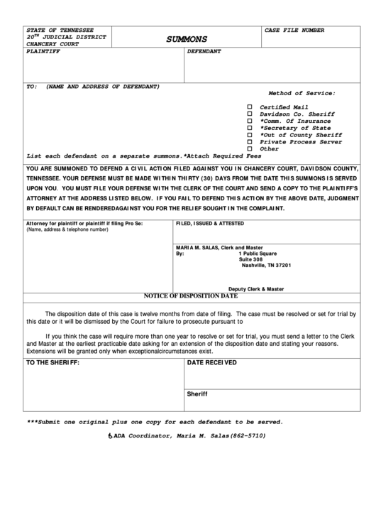 Fillable Summons - State Of Tennessee 20th Judicial District Chancery Court Printable pdf