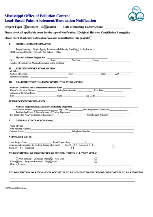 Fillable Mississippi Office Of Pollution Control Lead-Based Paint Abatement/renovation Notification Form Printable pdf