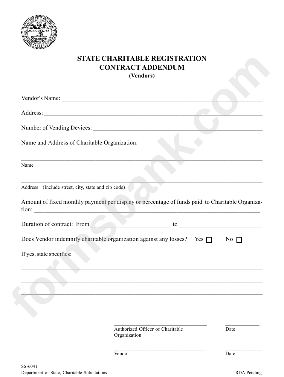 Form Ss-6041 - State Charitable Registration Contract Addendum (Vendors)