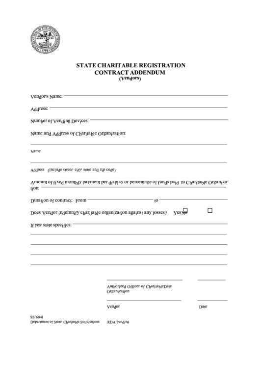 Form Ss-6041 - State Charitable Registration Contract Addendum (Vendors) Printable pdf