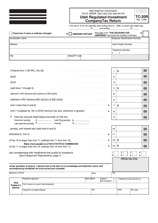 Fillable Form Tc-20r - Utah Regulated Investment Company Tax Return - 1998 Printable pdf