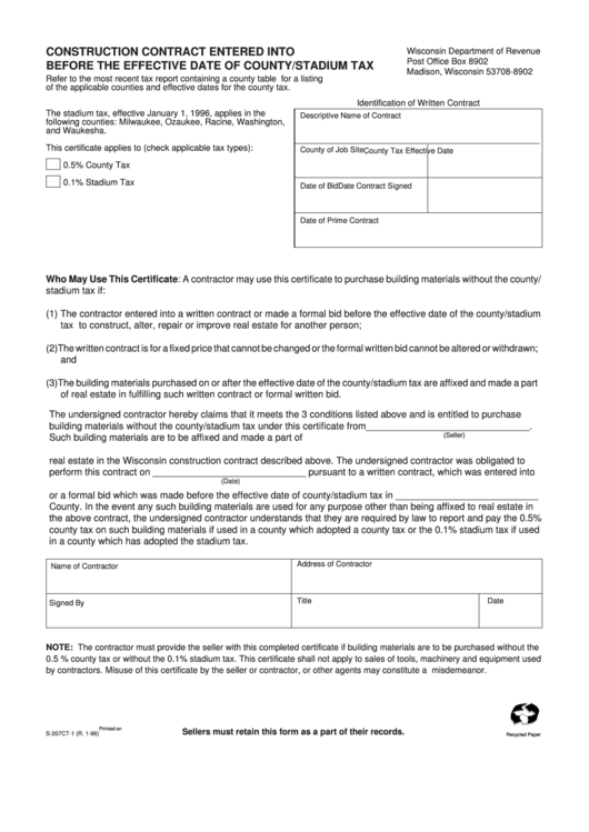 Fillable Form S-207ct-1 - Construction Contract Entered Into Before The Effective Date Of County/stadium Tax - 1996 Printable pdf