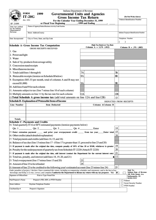 Form It-20g - Governmental Units And Agencies Gross Income Tax Return - 1999 Printable pdf