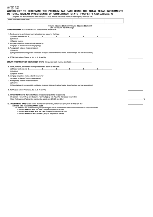 Fillable Form 25-202 - Worksheet To Determine The Premium Tax Rate Using The Total Texas Investments To Total Similar Investments Of Comparison State (Property And Casualty) Printable pdf