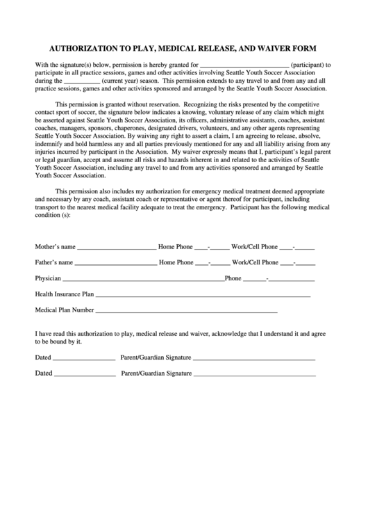 Medical Release Form -Seattle United Form Printable pdf
