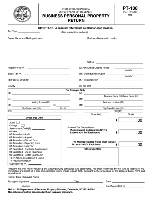 Form Pt 100 Business Personal Property Return Printable Pdf Download