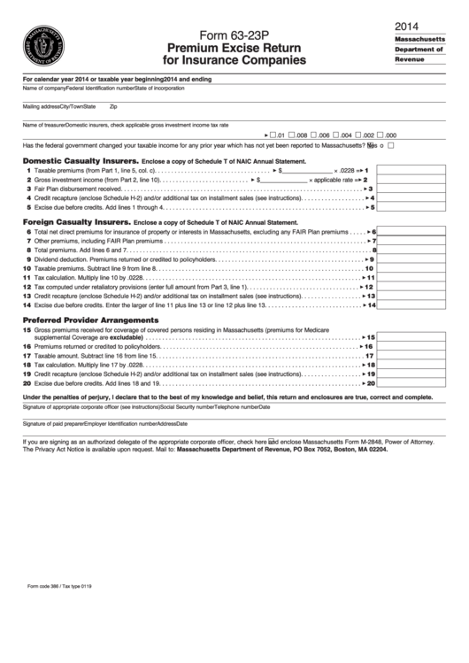 Form 63-23p Draft - Premium Excise Return For Insurance Companies - 2014 Printable pdf
