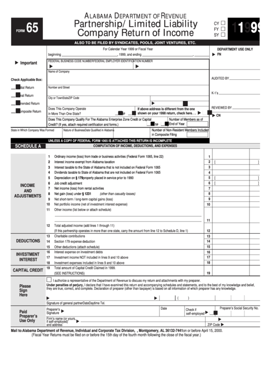 Form 65 - Partnership/limited Liability Company Return Of Income - 1999 Printable pdf