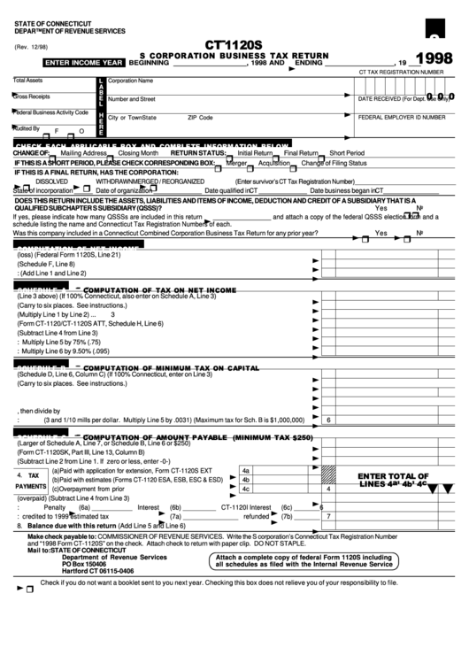 Fillable Form Ct-1120s - S Corporation Business Tax Return Printable pdf