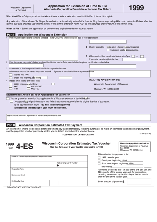 Form 4-Es - Application For Extension Of Time To File Wisconsin Corporation Franchise Or Income Tax Return Printable pdf