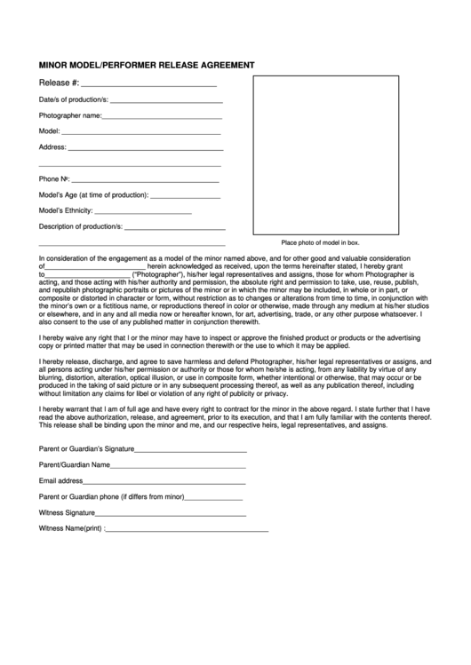 Fillable Minor Model/performer Release Agreement Form Printable pdf