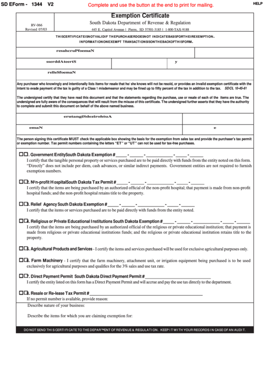 Fillable Form 1344-Exemption Certificate Form Printable pdf