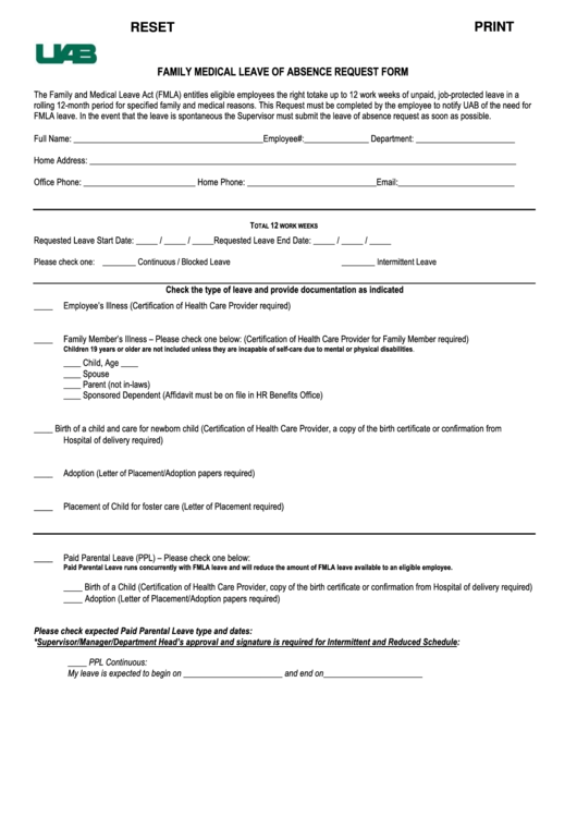 Fillable Family Medical Leave Of Absence Request Form printable pdf