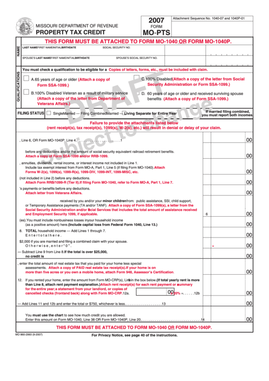 Form Mo-Pts Draft - Property Tax Credit - 2007 Printable pdf