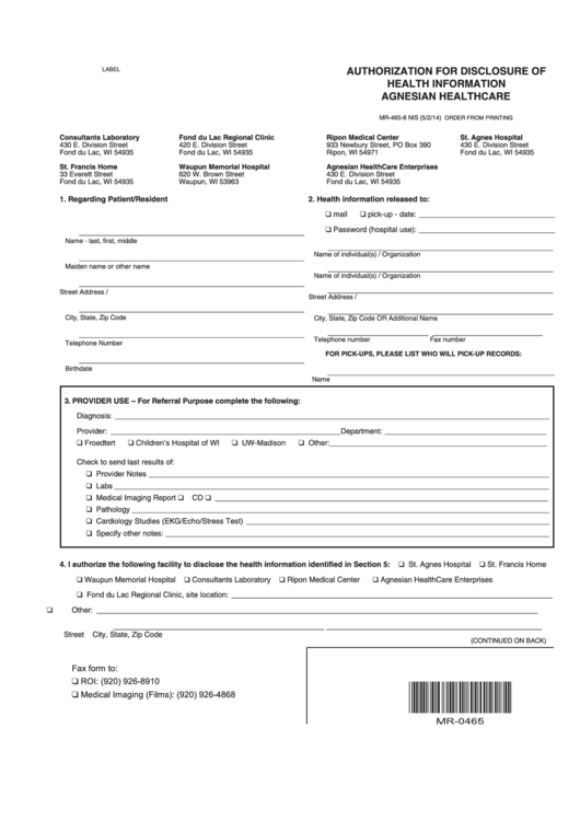 Form Mr-465-8 Nis-Authorization For Disclosure Of Health Information Form Printable pdf