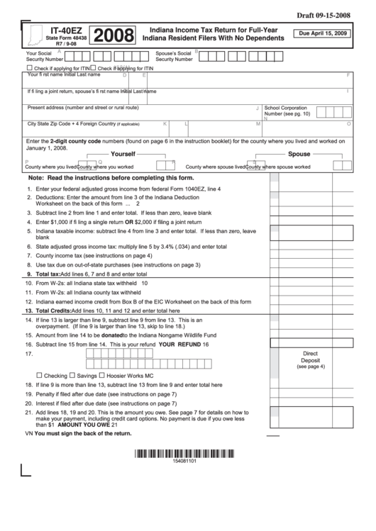 Form It-40ez - Indiana Income Tax Return For Full-Year Indiana Resident Filers With No Dependents Printable pdf