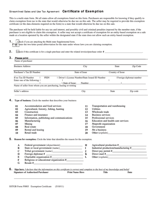 Fillable Form F0003 - Streamlined Sales And Use Tax Agreement - Certificate Of Exemption - 2011 Printable pdf