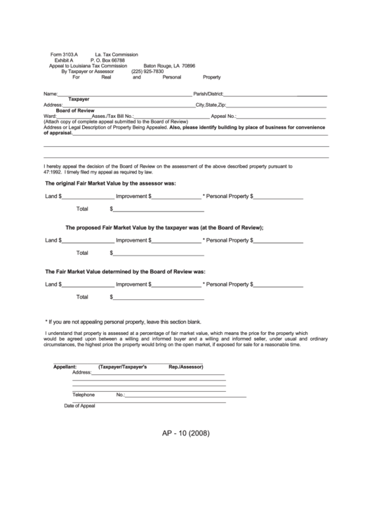 Fillable Form 3103.a - Appeal By Taxpaper Or Assessor For Real And Personal Property Printable pdf