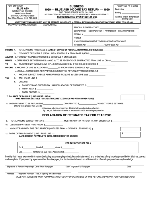 Form Br - Blue Ash Income Tax Return - 1999 Printable pdf