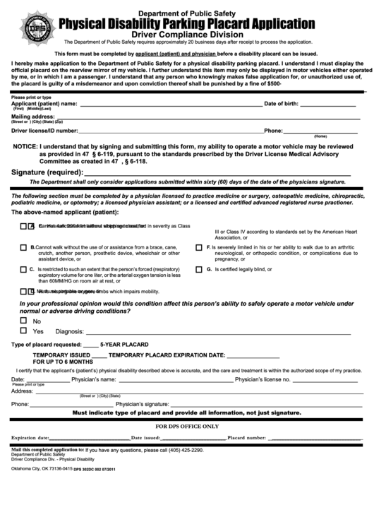 Fillable Physical Disability Parking Placard Application Form Printable Pdf Download