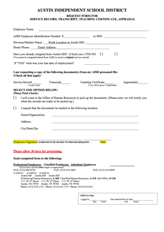 Fillable Request Form For Service Record, Transcript, Teaching Certificate, Appraisal - Austin Independent School District Printable pdf