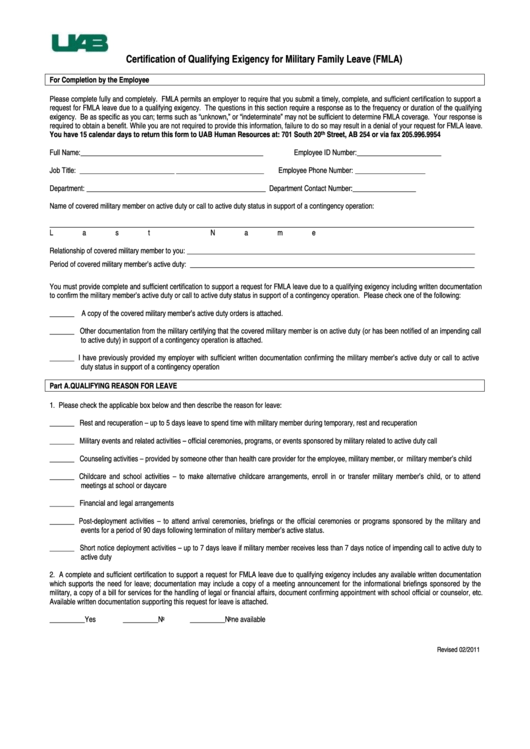 Fillable Uab Certification Of Qualifying Exigency For Military Family Leave (Fmla) Printable pdf