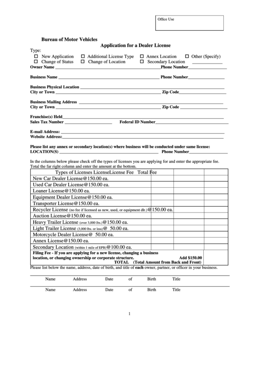 Fillable Motor Vehicle Application For License Form Printable pdf