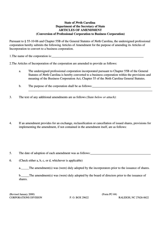 Form Pc-04 - Articles Of Amendment Printable pdf