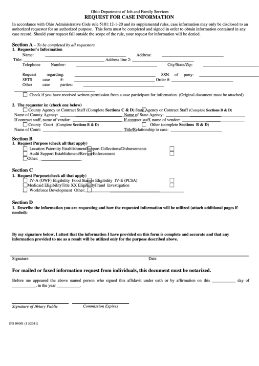 Fillable Request Form For Case Information - Ohio Department Of Job And Family Services Printable pdf
