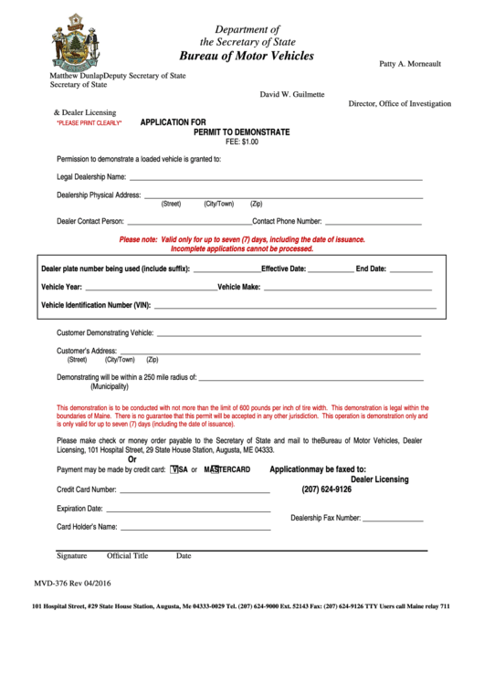 Fillable Form Mvd-376-Permit To Demonstrate A Vehicle Application Form Printable pdf