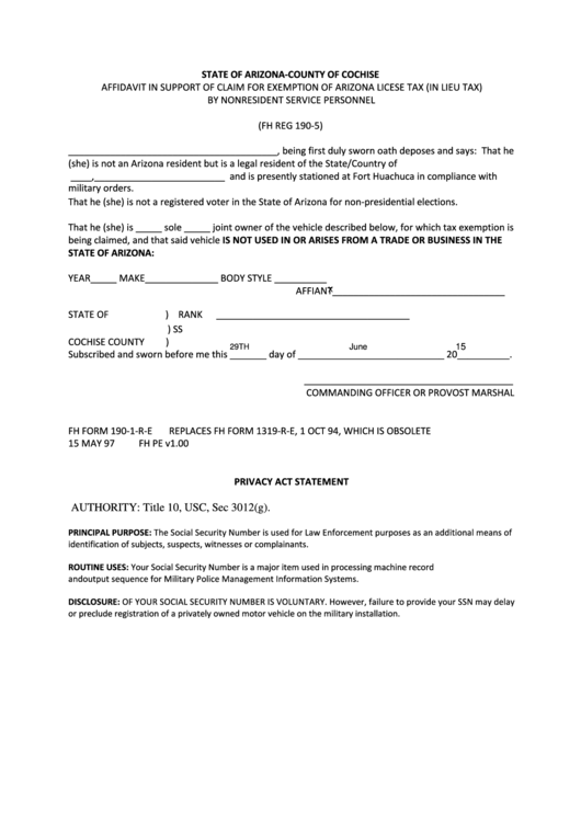 Fillable Form Fh Reg 190-5 - Affidavit In Support Of Claim For Exemption Of Arizona Licese Tax (In Lieu Tax) By Nonresident Service Personnel Printable pdf