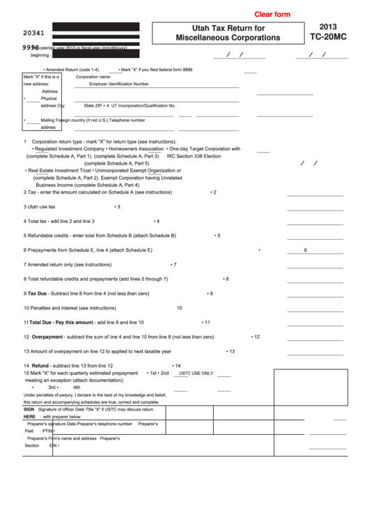 Fillable Form Tc-20mc - Utah Tax Return For Miscellaneous Corporations - 2013 Printable pdf
